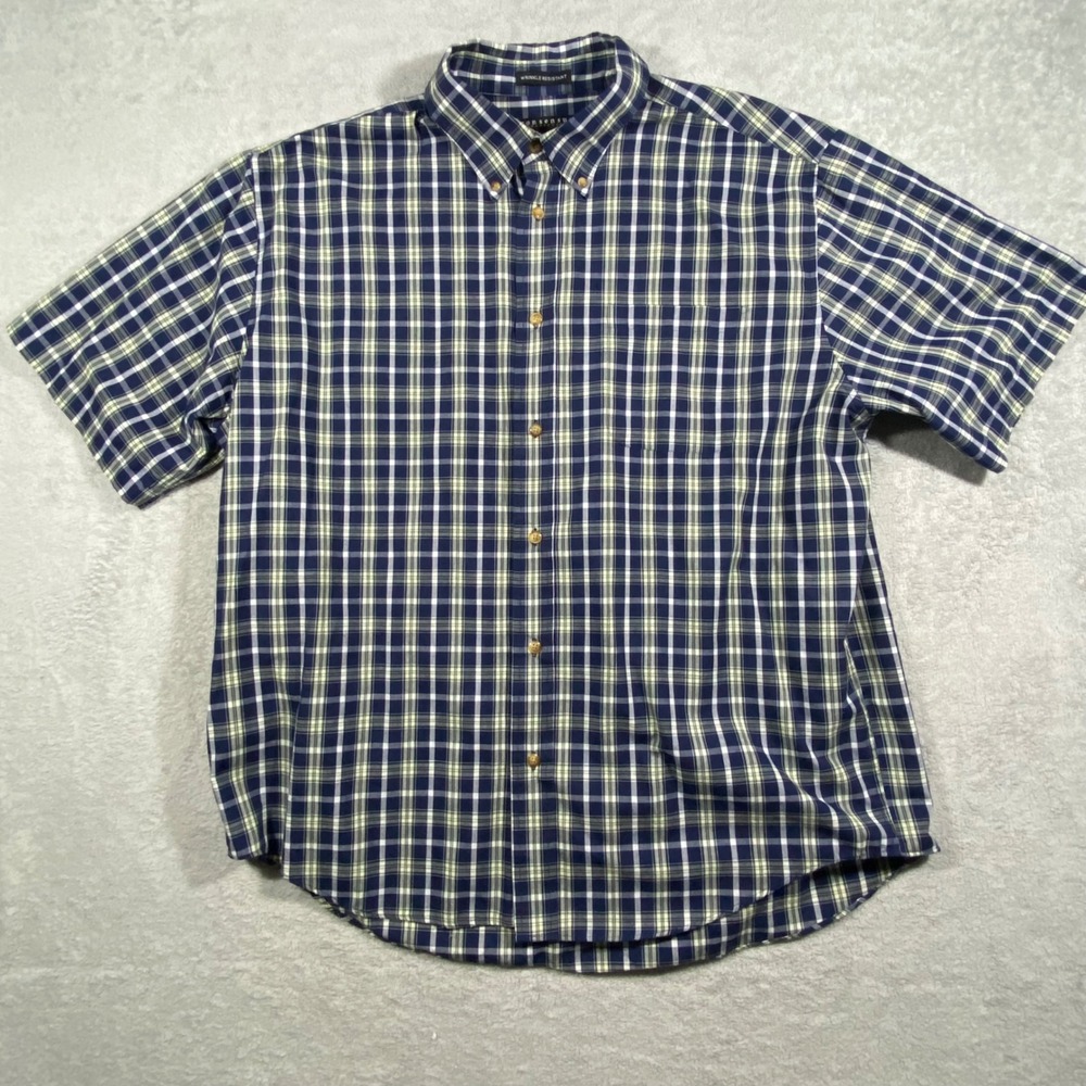 Consensus Sportswear Mens Large Navy Blue Plaid Short Sleeve Button‎ Down Shirt